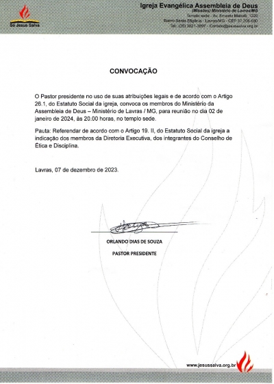 Convoca&ccedil;&atilde;o - Reuni&atilde;o de Membros do Minist&eacute;rio