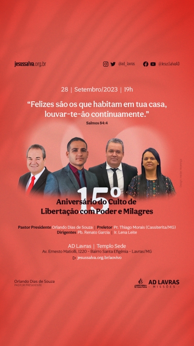 Culto de Liberta&ccedil;&atilde;o com Poder e Milagres celebra 15 anos no dia 28 de setembro