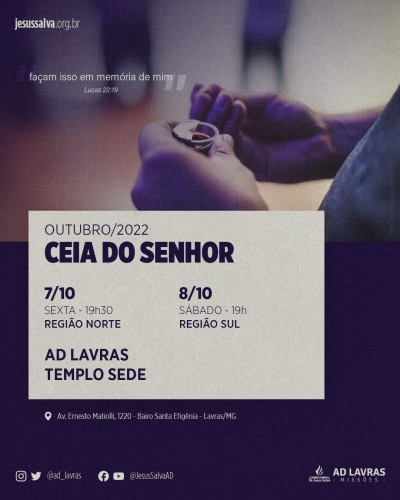 Ceia do Senhor de outubro ser&aacute; nos dias 7 e 8 (sexta-feira e s&aacute;bado)