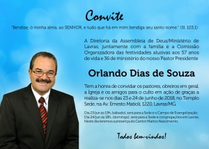 Convite: Culto em Ação de Graças pelo aniversário do Pastor Presidente Orlando Dias de Souza