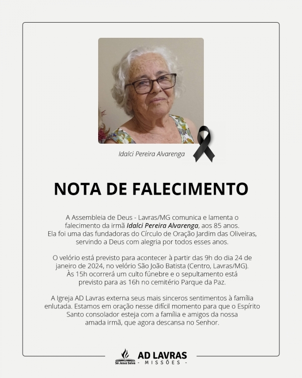 Nota de falecimento: irmã Idalci Pereira Alvarenga