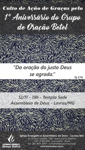 Participe do Culto em Ação de Graças pelo 1º Aniversário do Grupo de Oração Betel