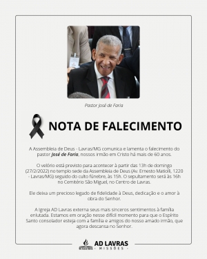 Nota de falecimento: pastor José de Faria