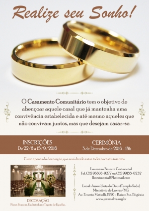 Igreja realizará Casamento Comunitário no dia 3 de dezembro, inscrições começam na segunda-feira (22/8)