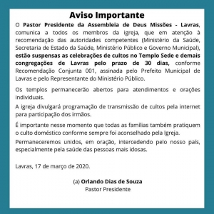 Comunicado oficial de suspensão de cultos e reuniões em todo o campo de Lavras devido ao coronavírus