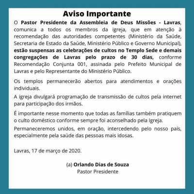 Comunicado oficial de suspens&atilde;o de cultos e reuni&otilde;es em todo o campo de Lavras devido ao coronav&iacute;rus