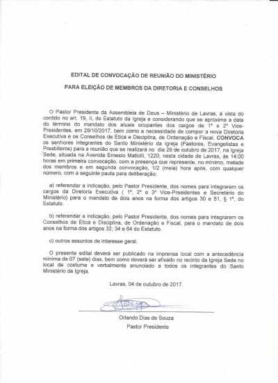 Convoca&ccedil;&atilde;o para Assembleia Geral Ordin&aacute;ria do Minist&eacute;rio